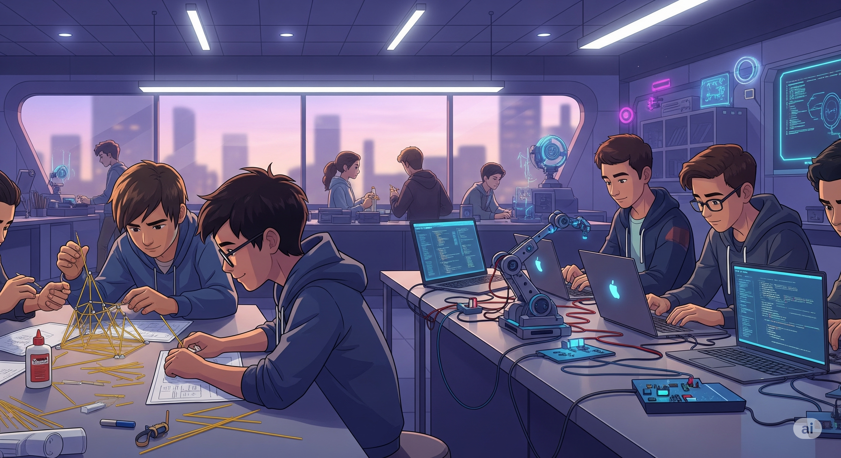 Estudiantes colaborando en la construcción de prototipos de ingeniería en un taller escolar moderno; se concentran en el ensamblaje y diseño usando diversas herramientas y materiales, en un entorno con carteles y diagramas técnicos de fondo, mostrando determinación y entusiasmo